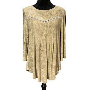 New Directions Blouse M Beige Tunic Top Boho Pleated Swing Embroidered Comfy NWT